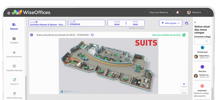 Plataforma WiseOffices com planta 3D do escritório
