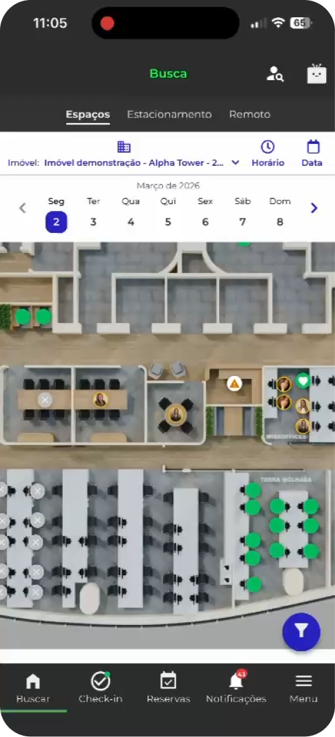 App WiseDesk com planta do escritório