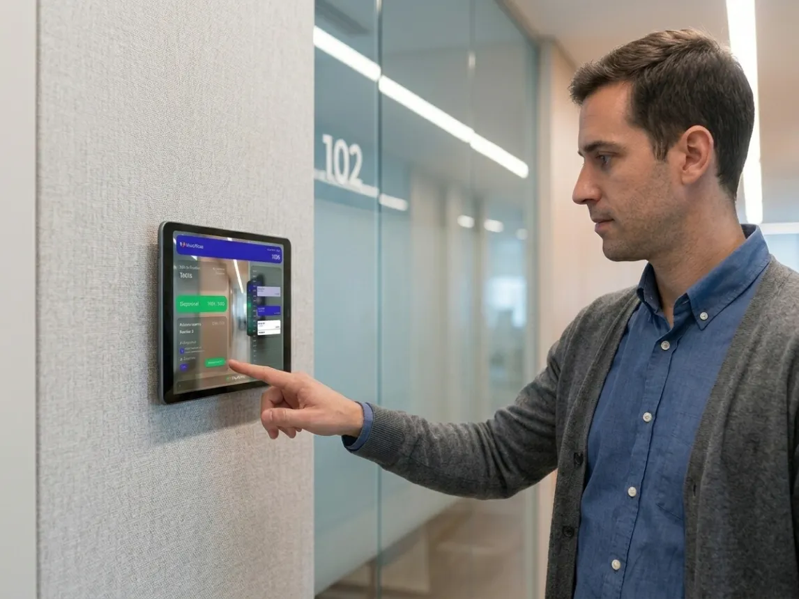 Colaborador usando o Room Display na porta da sala