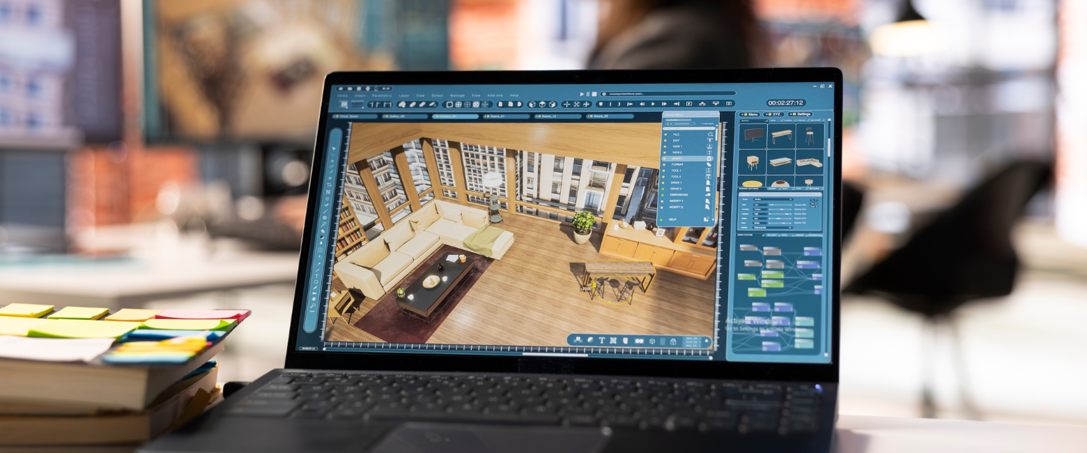 laptop com um desenho do espaço na tela com um redesenho de espaços