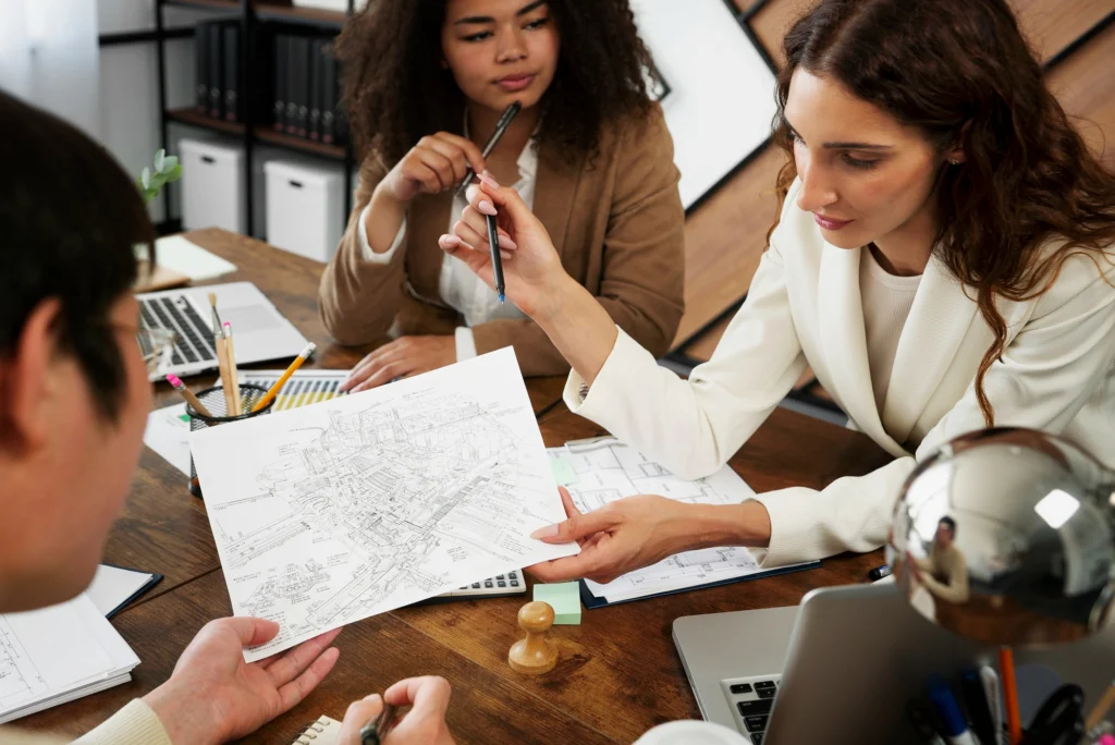 Reunião de equipe analisando plantas e estratégias de gestão de espaços no escritório.