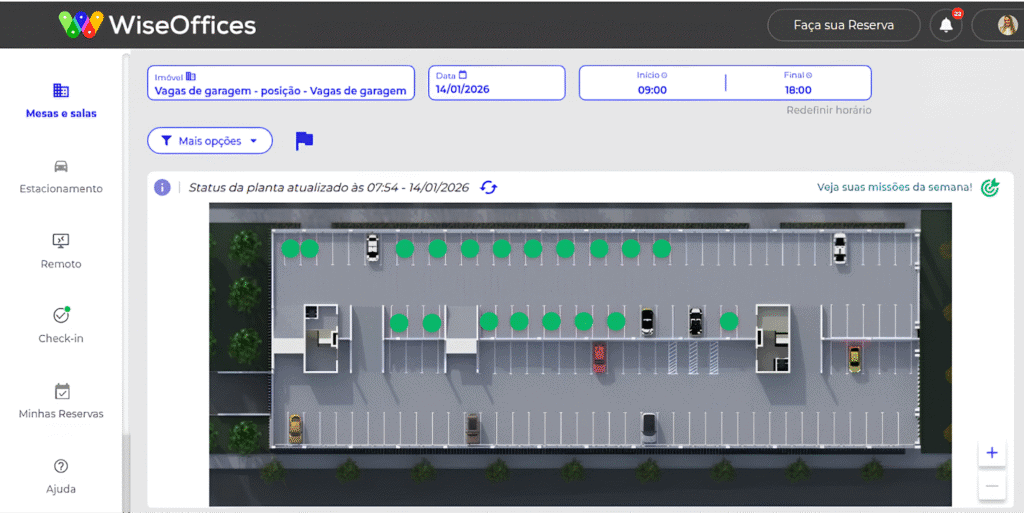 Gestão de estacionamento com mapa digital de vagas em tempo real.
