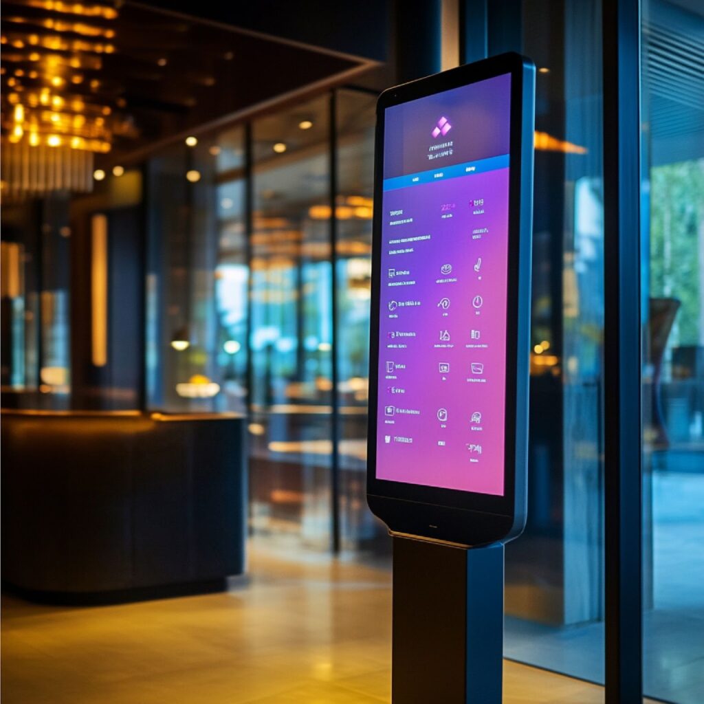 Tela digital interativa em pé, exibindo opções de sinalização digital e informações em um ambiente corporativo moderno.