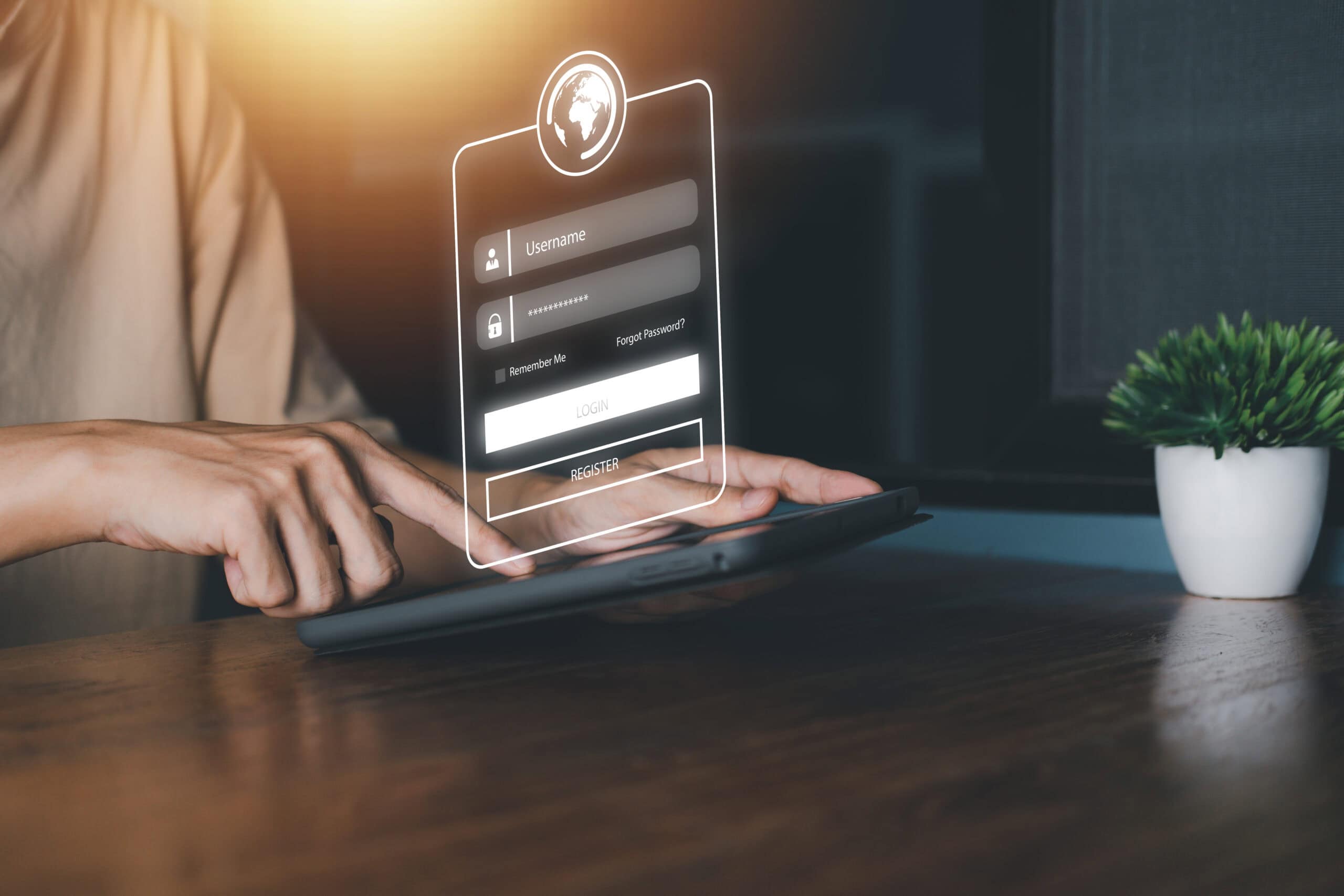 Pessoa acessando um sistema em tablet com tela de login digital, representando o uso de Single Sign-On para simplificar a autenticação e reforçar a segurança no workplace.