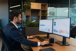 Gestor analisando dados de ocupação em escritório moderno