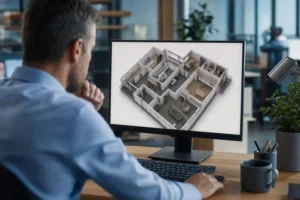 Gestor analisando planta 3D de múltiplas unidades em tela