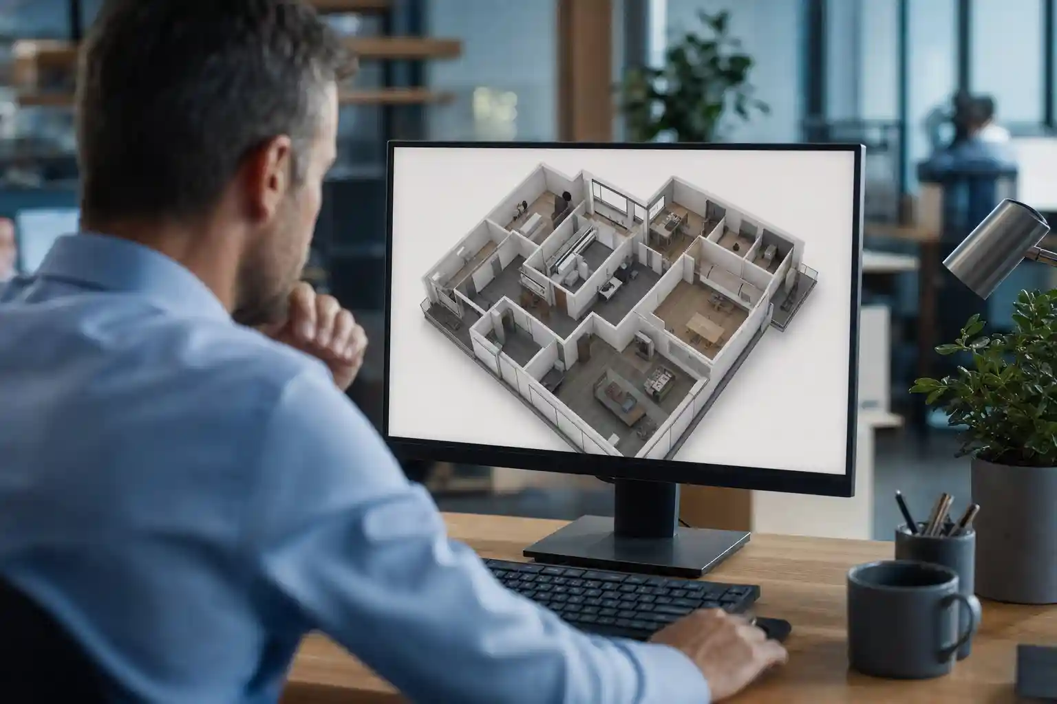 Gestor analisando planta 3D de múltiplas unidades em tela