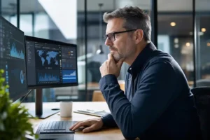 Gestor de facilities analisando dados em um painel digital