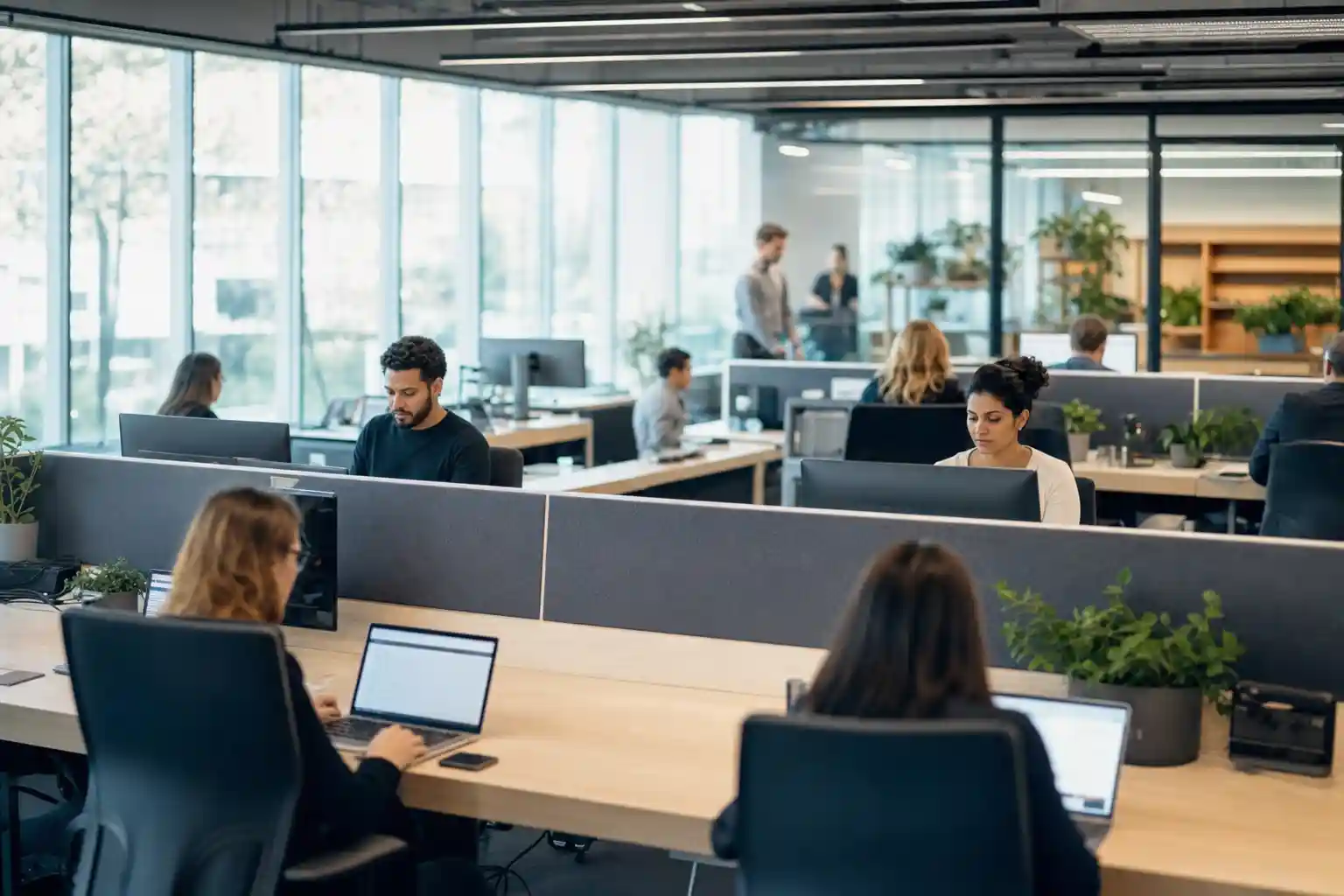 Plataforma de workplace management em ação em um escritório grande