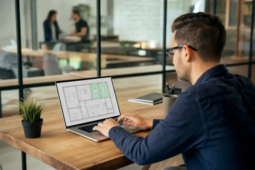 Pessoa usando um sistema de gestão de salas e espaços corporativos nolaptop