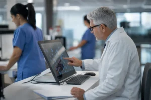 Hospital com equipe técnica utilizando sistema de IA para gestão de facilities hospitalar