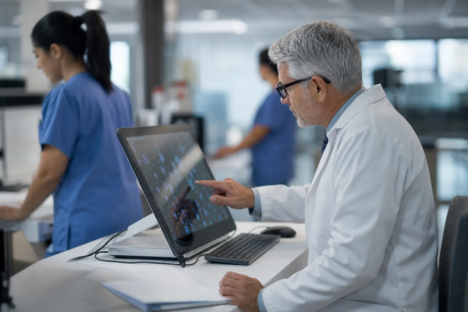 Hospital com equipe técnica utilizando sistema de IA para gestão de facilities hospitalar